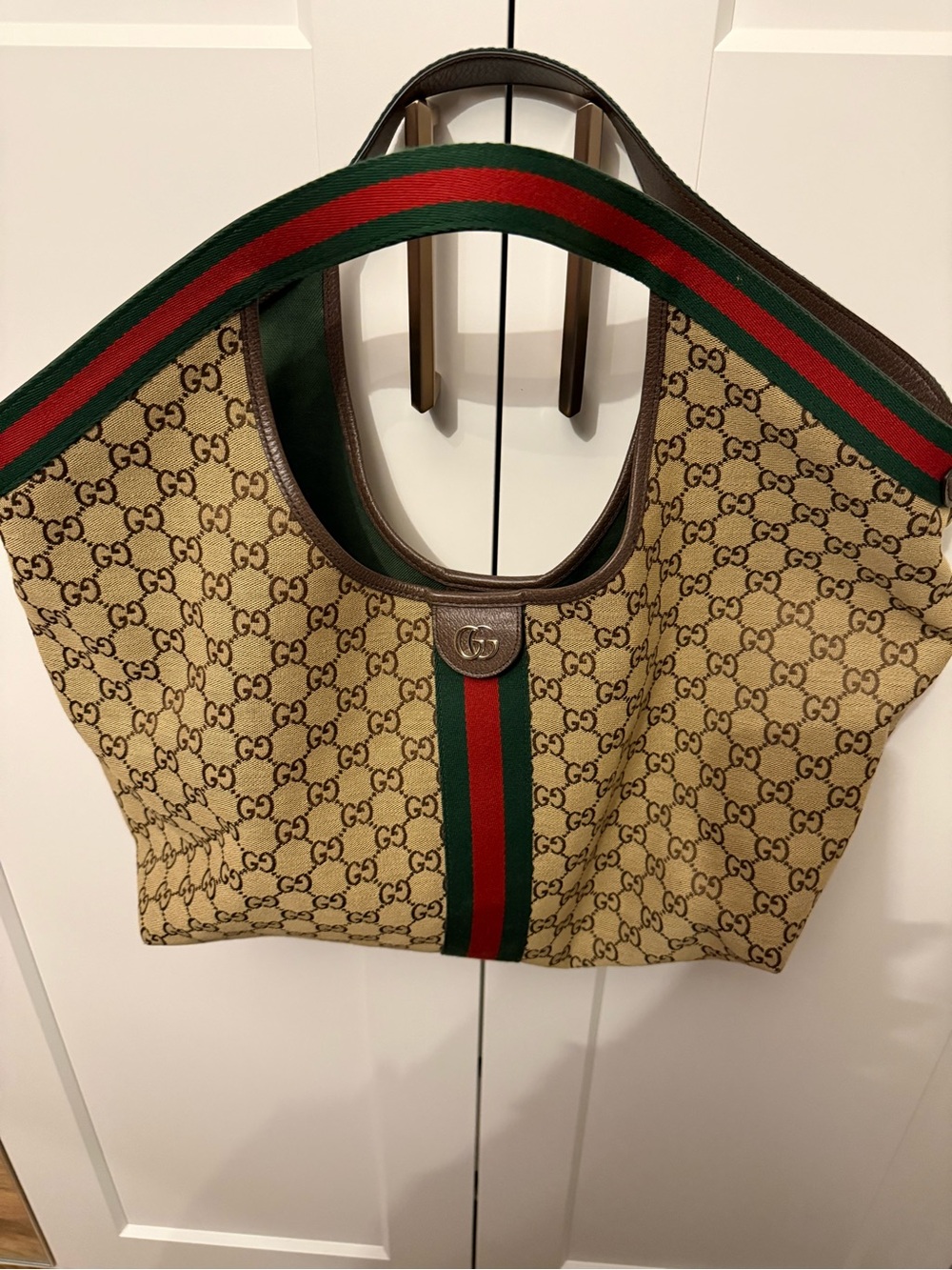 Gucci Giglio Beige GG Canvas Tote with Green and Red Web Stripe Large sz.